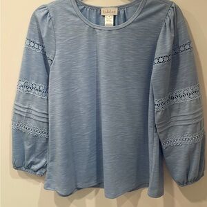 LINDA LEAL Women Top Size Small Blue 
Pullover Crochet Lace Cutout Long Sleeve